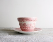 Antique Pink Red Transferware Pot and Saucer - Vintage