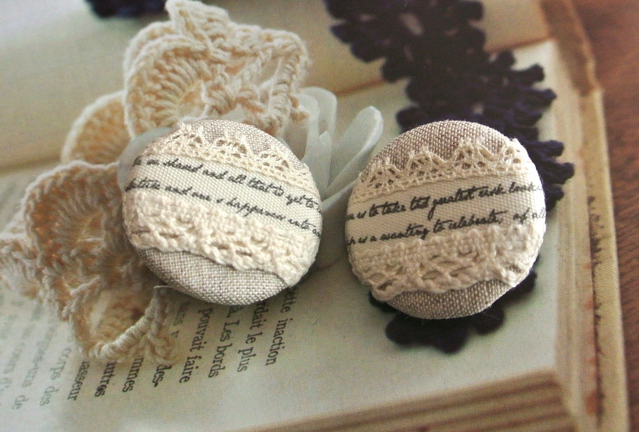 Handmade Fabric Buttons - Large Beige Cream Script Floral Lace Fabric Covered Buttons 1.25 Inch 2's