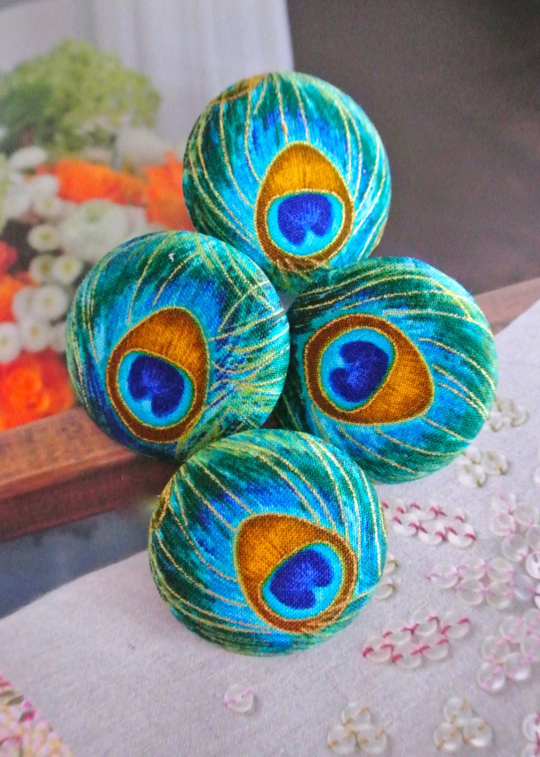 Handmade Fabric Buttons - Large Rich Colorful Peacock Feather Fabric Covered Buttons 1.5 Inch 4's
