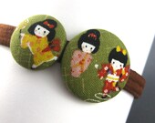Kimono Girls - Headband with Green Japanese Print Fabric Covered Buttons