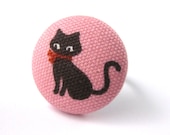 Cat Ring - Pink and Brown Cat Fabric Covered Button on Adjustable Ring