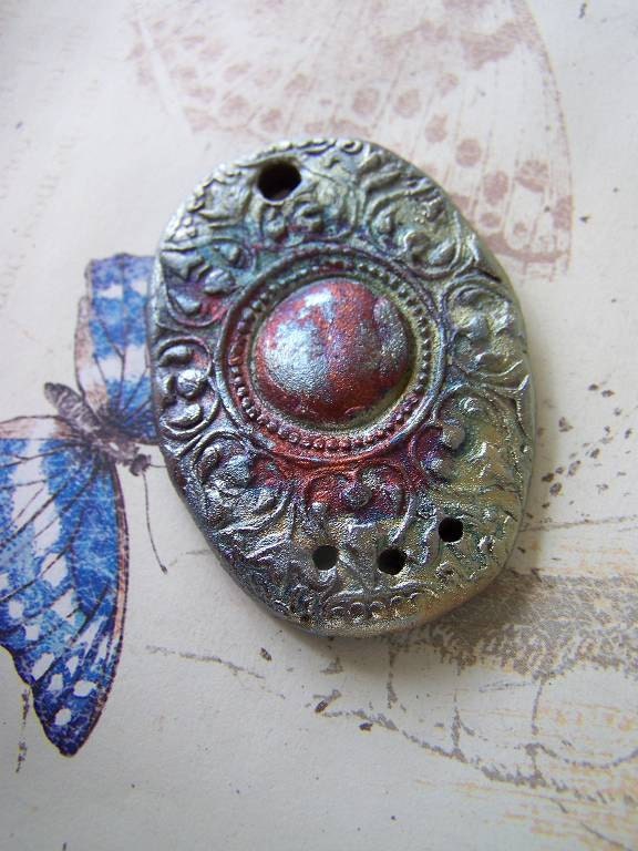 Ornate  Raku  Blue Pink Gold  Pendant