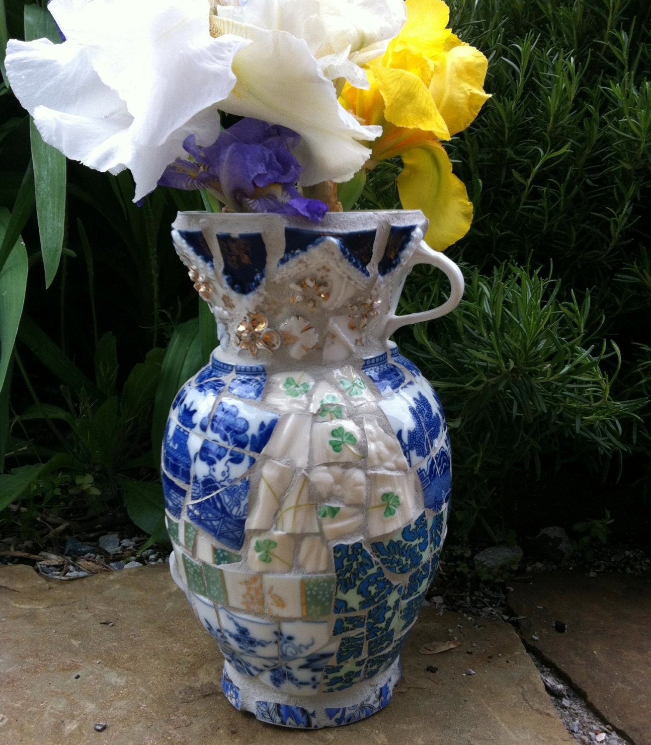 Broken China Mosaic Vase - Belleek, Meissen, Blue Willow and Fine Porcelain - Cobalt Blues