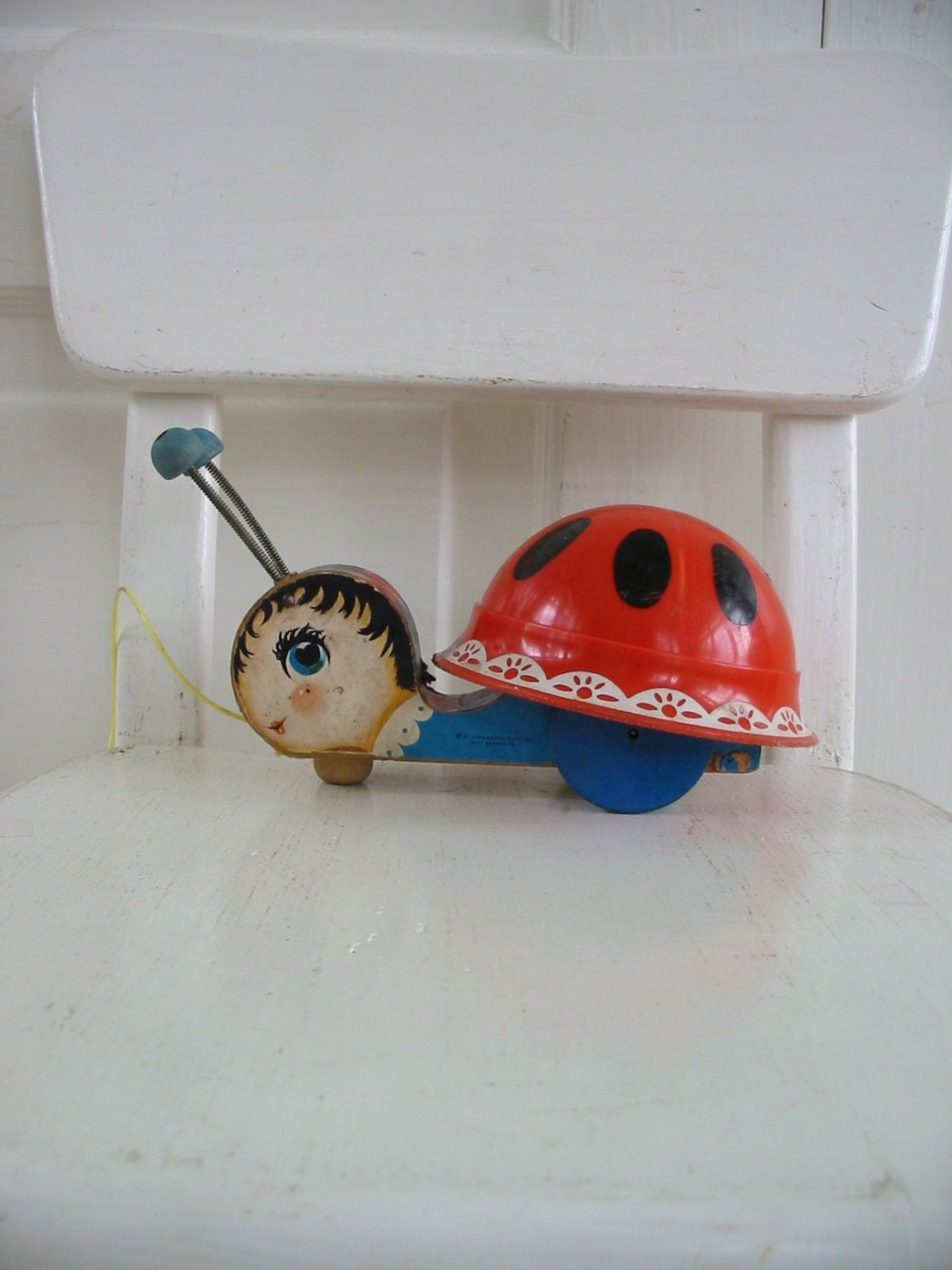 Vintage Pull Toy Fisher Price Ladybug Children Wood Retro