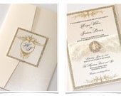 Harper Pocketfold Crystal Buckle Lace Couture Invitation Set Sample - Ivory, Champagne, Gold Glitter