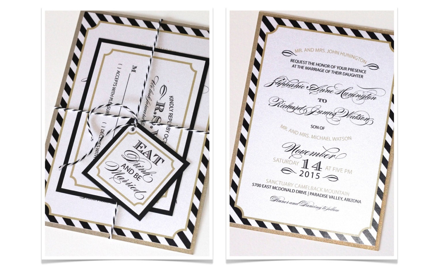 Stephanie Modern Striped Wedding Invitation Sample - Black, Gold and White
