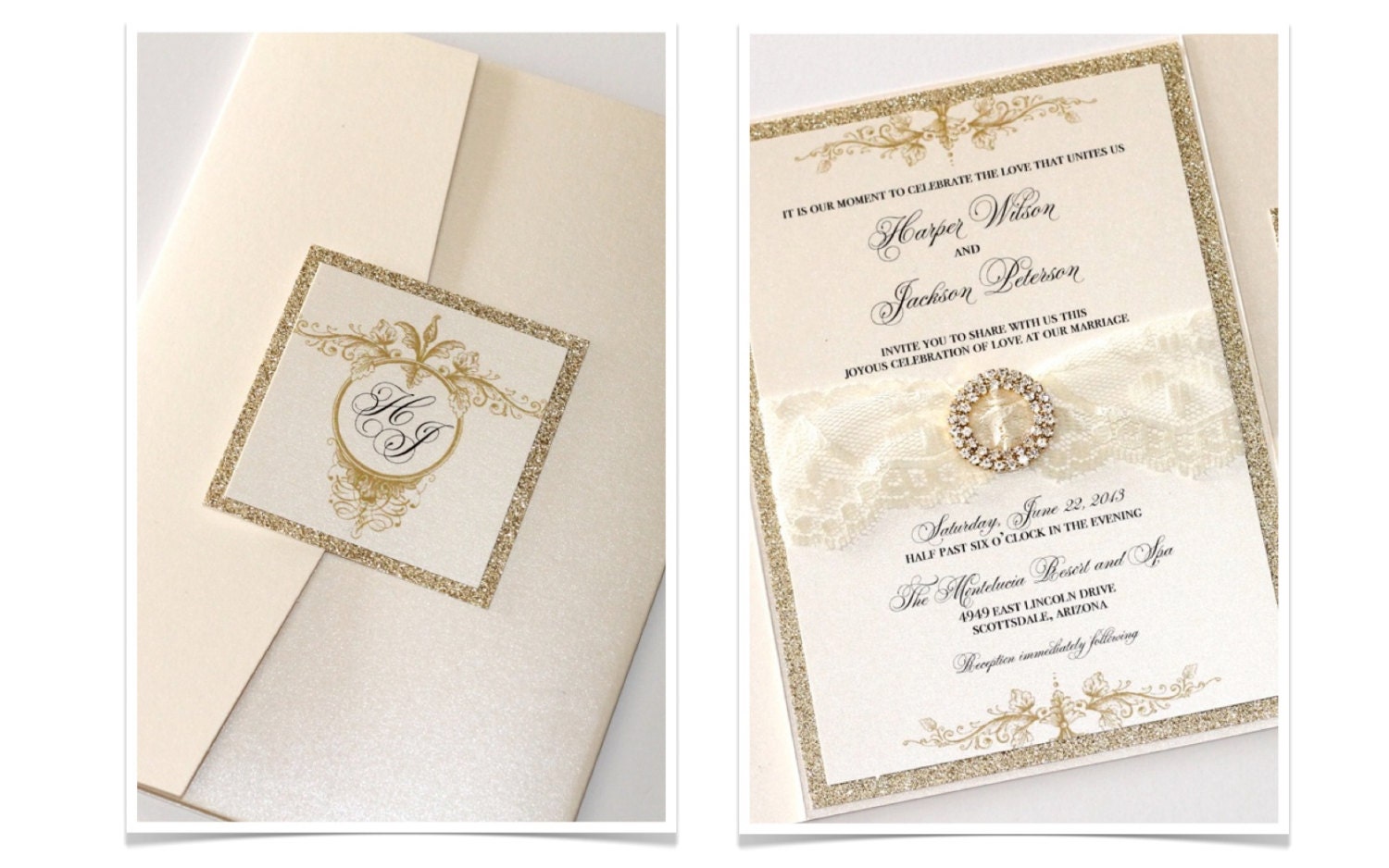 Harper Pocketfold Crystal Buckle Lace Couture Invitation Set Sample - Ivory, Champagne, Gold Glitter