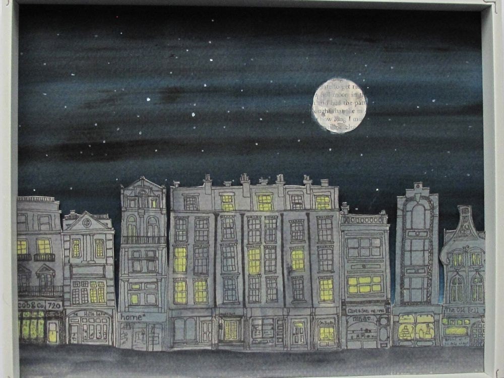 Nighttime London Illustration Diorama in white Shadowbox frame.