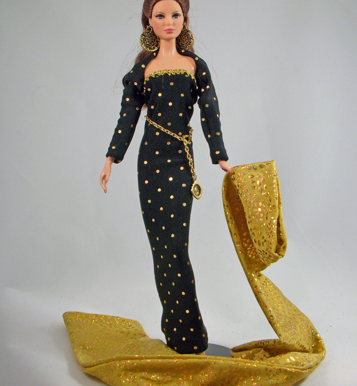 OOAK Black Barbie Evening Dress with matching, Shrug, Shawl, Belt, and Earrings