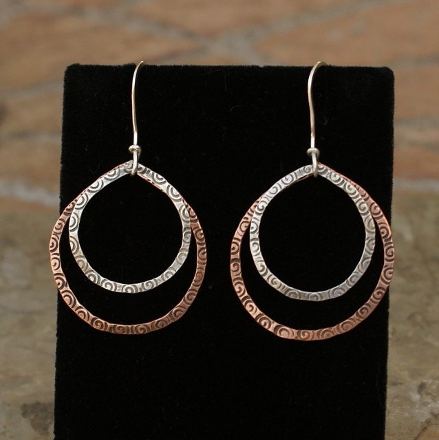 Copper and Sterling Silver Mixed Metal Teardrop Shaped Dangle Hoop Style Hammered Artisan Earrings Handmade Rustic