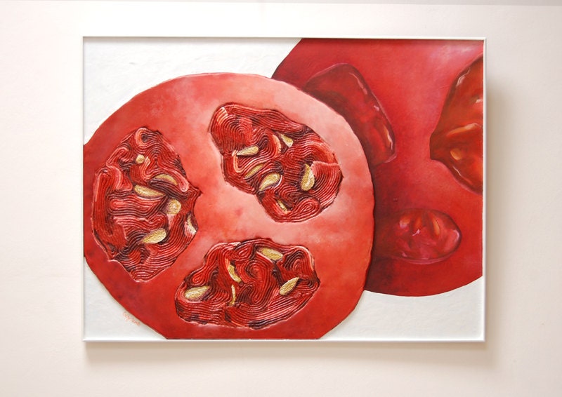 Tomato Slices Painting - mixed media original - Constructed in Plaster and String