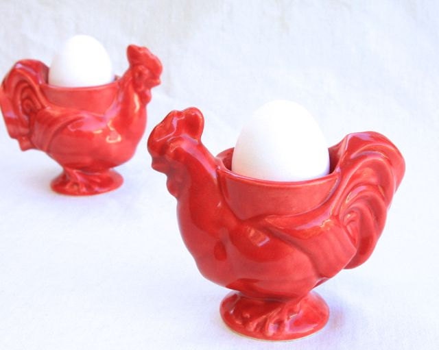 Pair of Rooster Egg Cups in Stoneware with Red Glaze