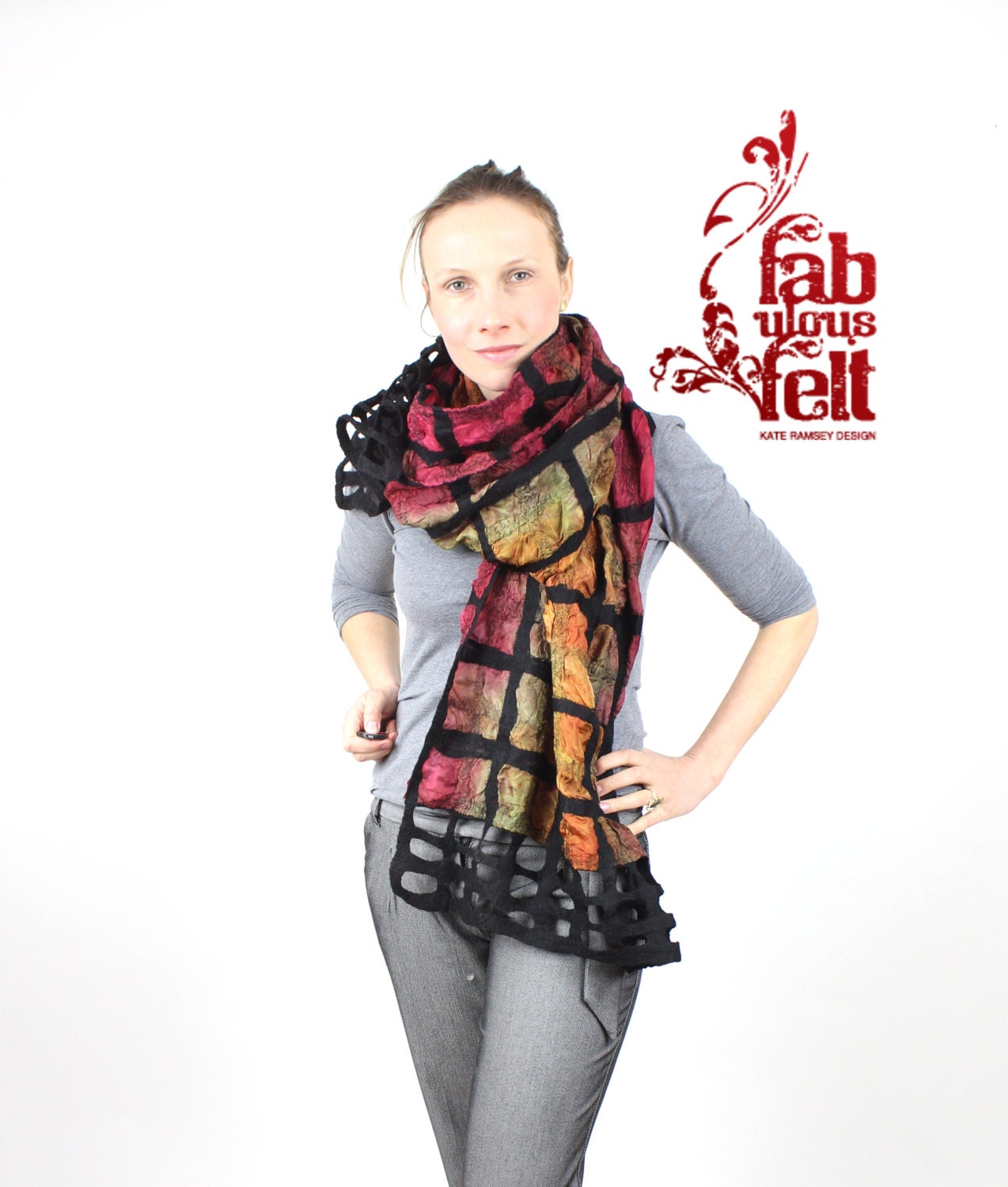 The grid black lines plus wool silk felted scarf  autumn burgundy mustard khaki