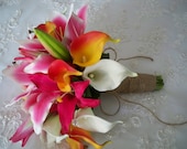18 piece Burlap wrapped Realtouch Mini Calla Lilies and Silk Day Lily  Floral Beach Destination Wedding Bouquets