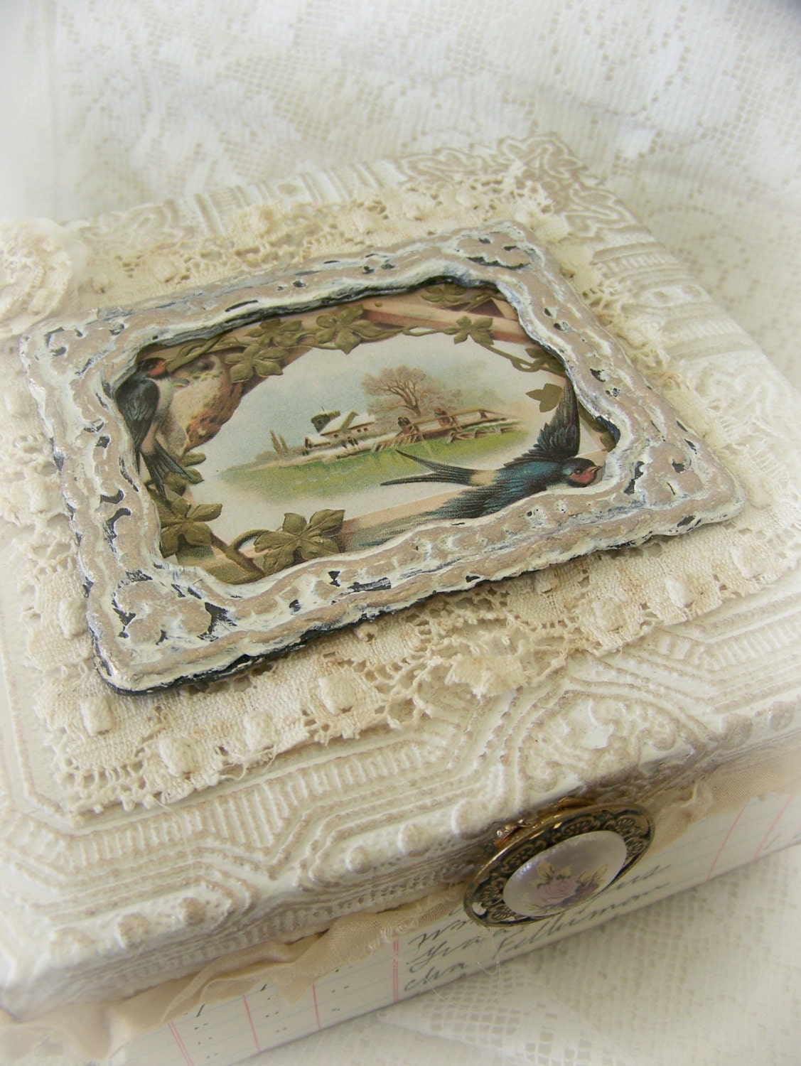 Handmade Cottage White Vintage Style Altered Box Shabby Chic Box Vintage White Decor Vintage Lace Jewelry Box