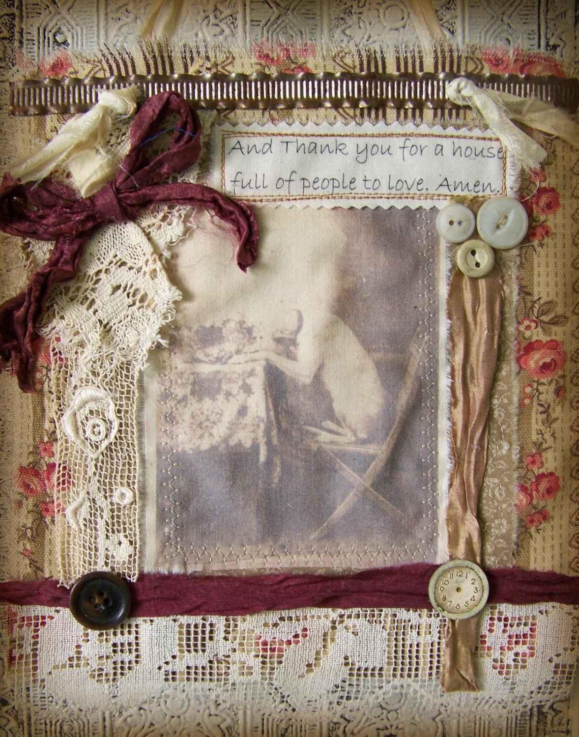 Original  Dog Art Dog Collage Vintage Dog Mixed Media Fabric Collage Shabby  Vintage Style Decor Red Floral Cottage Chic