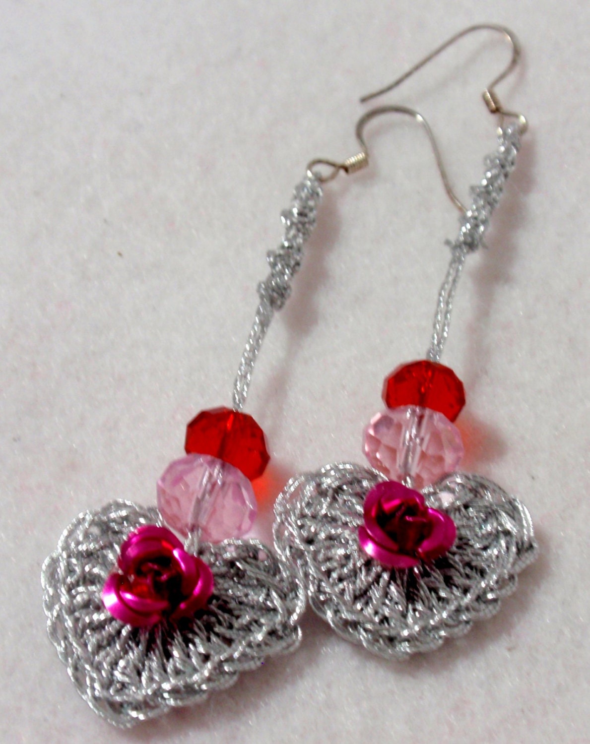 Crocheted Silver Lame Heart Dangle Earrings Reclaimed Aluminum Roses and Lead Free Crystals