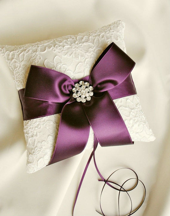 Ivory and Purple Alencon Lace Ring Bearer Pillow with Rhinestones