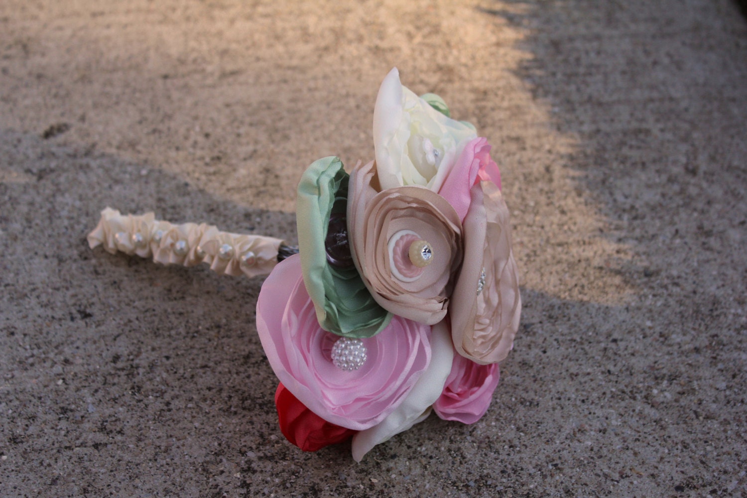 Sweet Spring Satin and Button Bouquet - Ruffled Handle