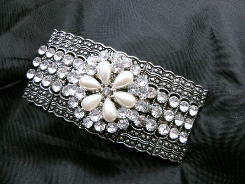 Bridal Barrette in Rhinestones and Pearls Antiqued Silver