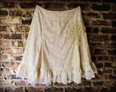 Upcycled Eyelet Cotton Skirt // XL 14 Plus Sizes// Tea Stained // Eco Shabby Chic// Recycled Bohemian Style