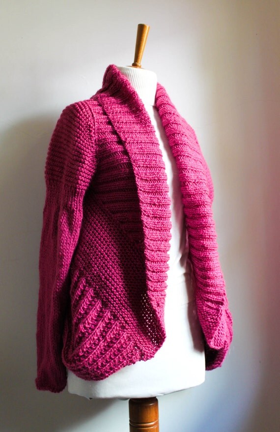 hand knit cardigan MIA with pockets draped back high fashion design magenta in stock
