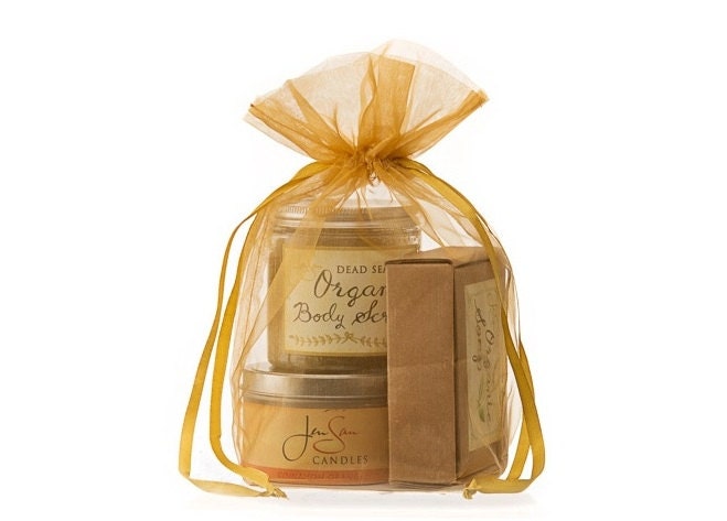 3-Piece Handmade Bath & Beauty Aromatherapy Gift Set in Organza Bag,  Choose one body scrub, one travel tin candle, and one organic soap