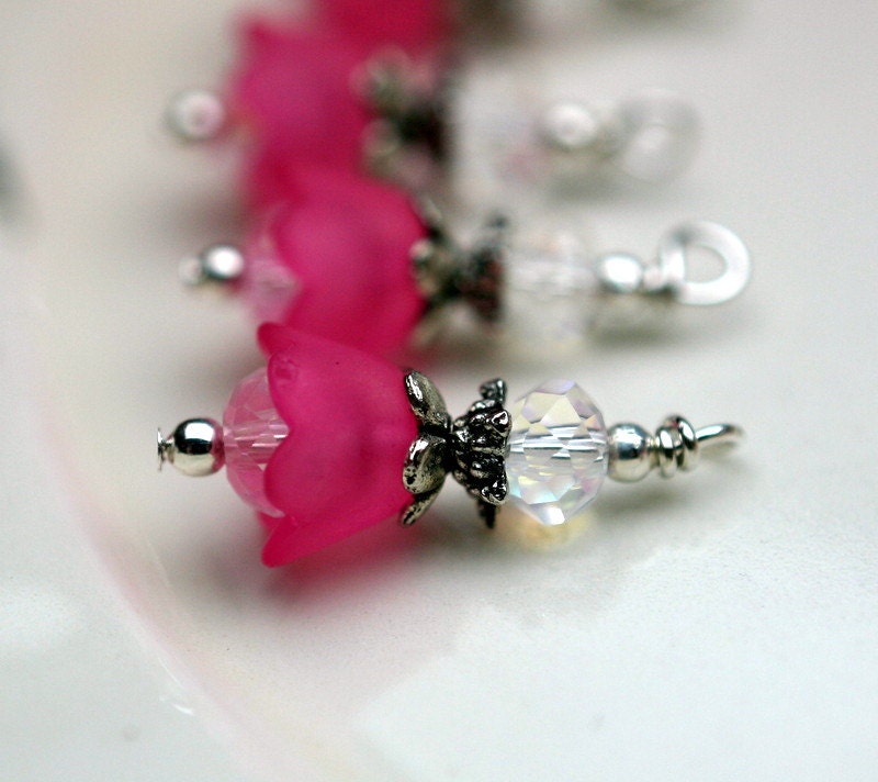 Bright Pink Baby Bell Lucite Flower Bead Dangle Charm Drop Set - 4 Piece Set