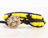 Leather Wrap Bracelet Yellow Czech Glass Black Leather Bold Beaded Modern Fashion Bronze Bohemian Style Double Wrap Art Deco Jewelry