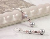 Gray Smoke Pearl Earrings Pink Rose Pastel Crystal Sterling Silver Bridal Jewelry Mauve Rose