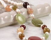 Soochow Jade Necklace Freshwater Pearl Multi Color Pastel Gemstone Coral Pink Chartreuse Green