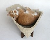 Retro modern pet bed in ivory nubby upholstery