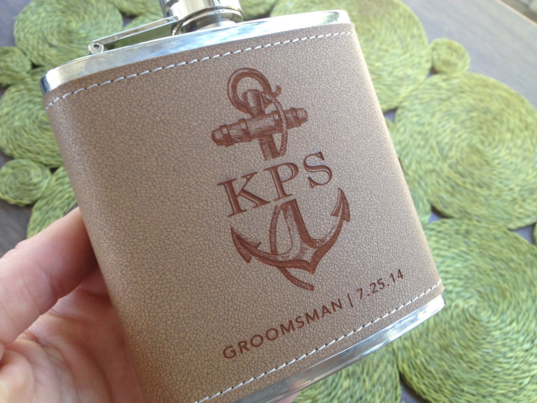 Groomsmen/Bridesmaid Flasks: Laser etched ANCHOR design, Set of 6