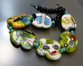 Melanie Moertel Lampwork Beads - Set of 6 handmade glass beads plus 18 black spacers - "Odyssey"