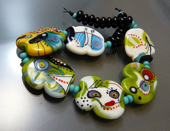 Melanie Moertel Lampwork Beads - Set of 6 handmade glass beads plus 18 black spacers - "Odyssey"