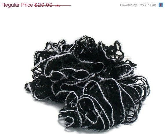 OOAK Hand Knit Ruffled Scarf - Black with Silver Metalic Trim - Spring and Summer Fashion - Ready to Ship