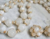 White Matte Marbelized Beads and Pearl Double Strand Necklace and Earring Set - Hong Kong
