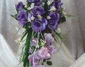 SALE was 115 - Lavander Rose Medley Cascading Bridal Bouquet with Matching Boutonniere - Ready to Ship
