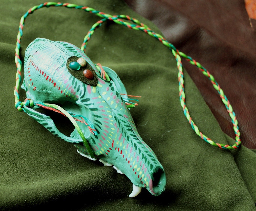 Real painted red fox skull totem necklace with deerskin, stone cabochons, and hand braided cord