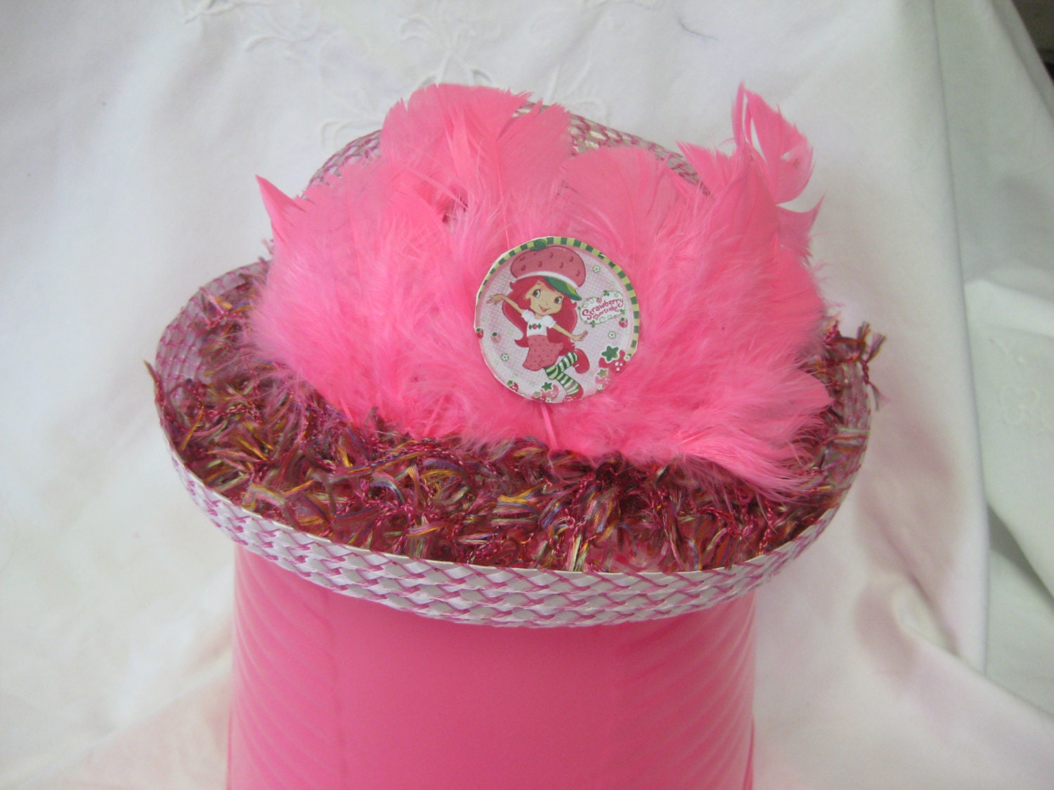 Cute Little Pink Easter Hat Strawberry Shortcake With Boa, Feathers Great For Tea Parties