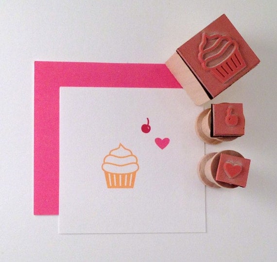 MINI Cupcake with cherry and heart toppers Rubber Stamp Set