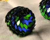 Vintage Earrings Pierced Green Blue Sequins Domed Circles Silver Tone Posts 1980s, Shipping Included for USA