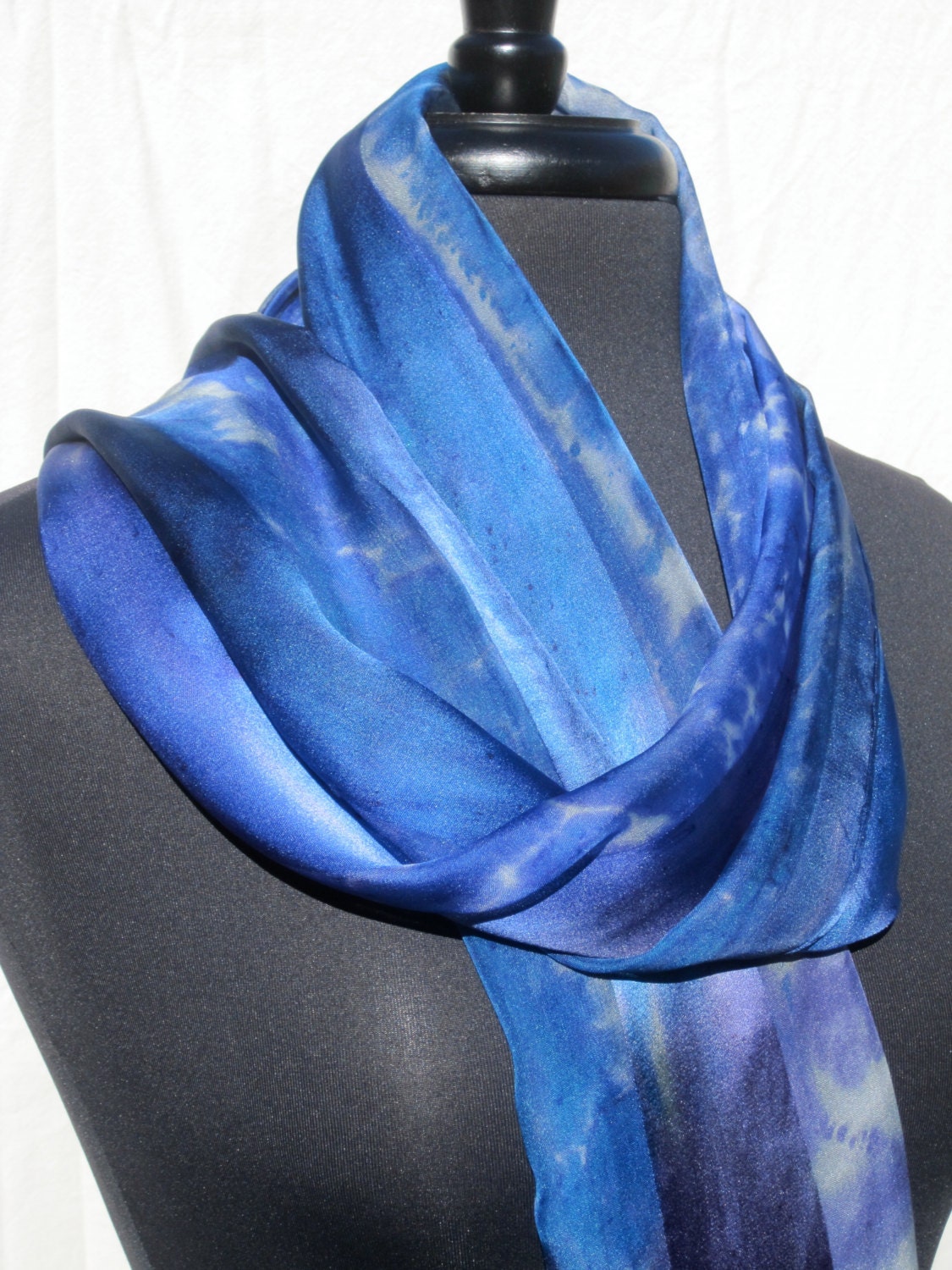 Joyflower Azure Blue Hand Painted Silk Satin Stripe Scarf
