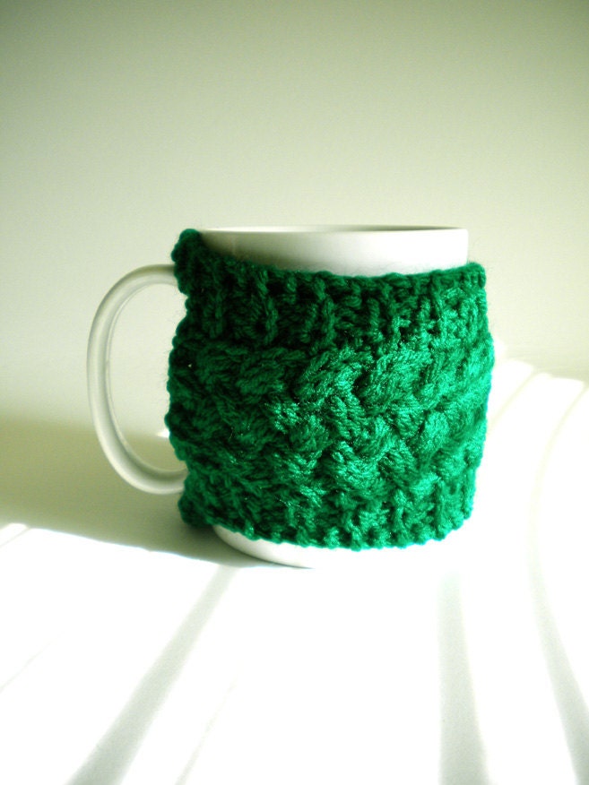 Green Knit Braided Mug Cozy - Hand Knit Celtic Braid - Tea Cup Warmer