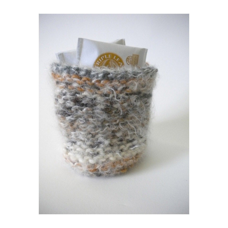 SALE 1/2 OFF - Soft Fog Knitted Mini Basket - Hand Knit Wool Basket Bowl - Tan Cream Grey