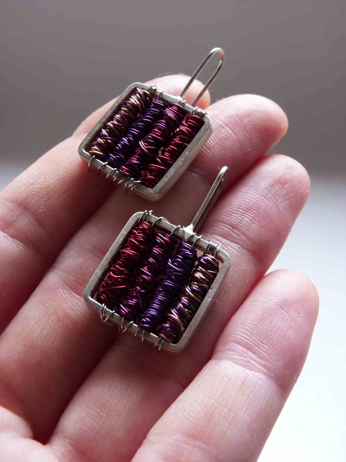 Earrings Purple in Sterling silver and copper, long and super lightweight earrings, "Tangle earrings"