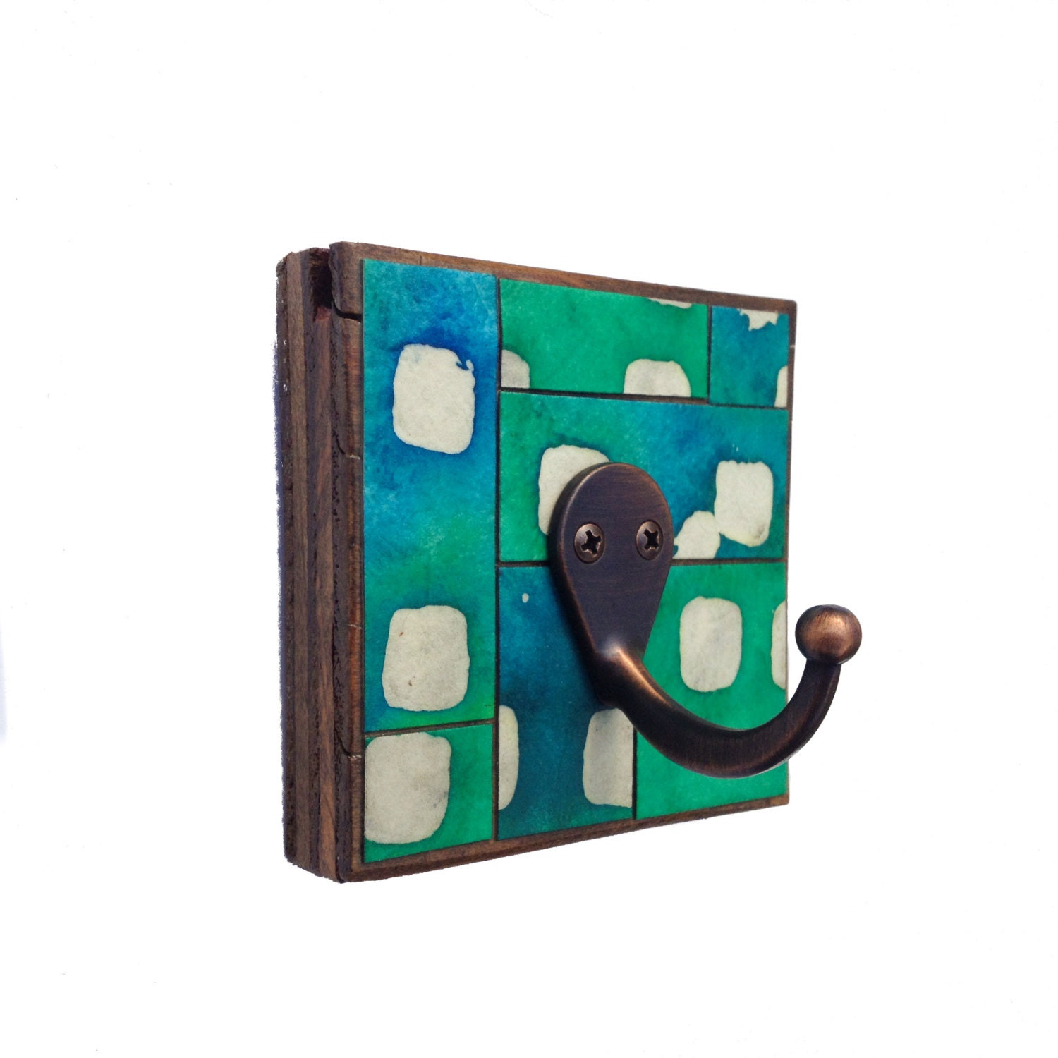 Wall Coat Hook Handmade Paper Colorful Blue Green Geometric Mosaic Batik Dots Recycled Wood