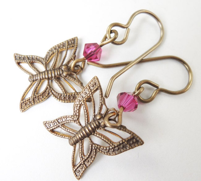 Brass Filigree Butterfly Earrings with Fuschia Crystal Accent