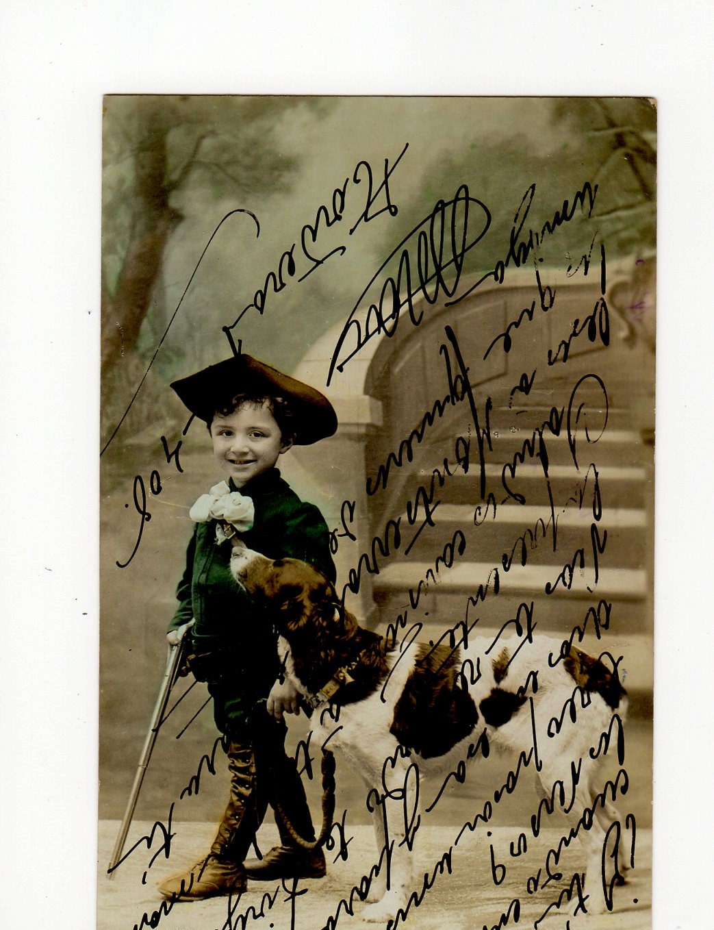 Boy with his dog Vintage French Postcard