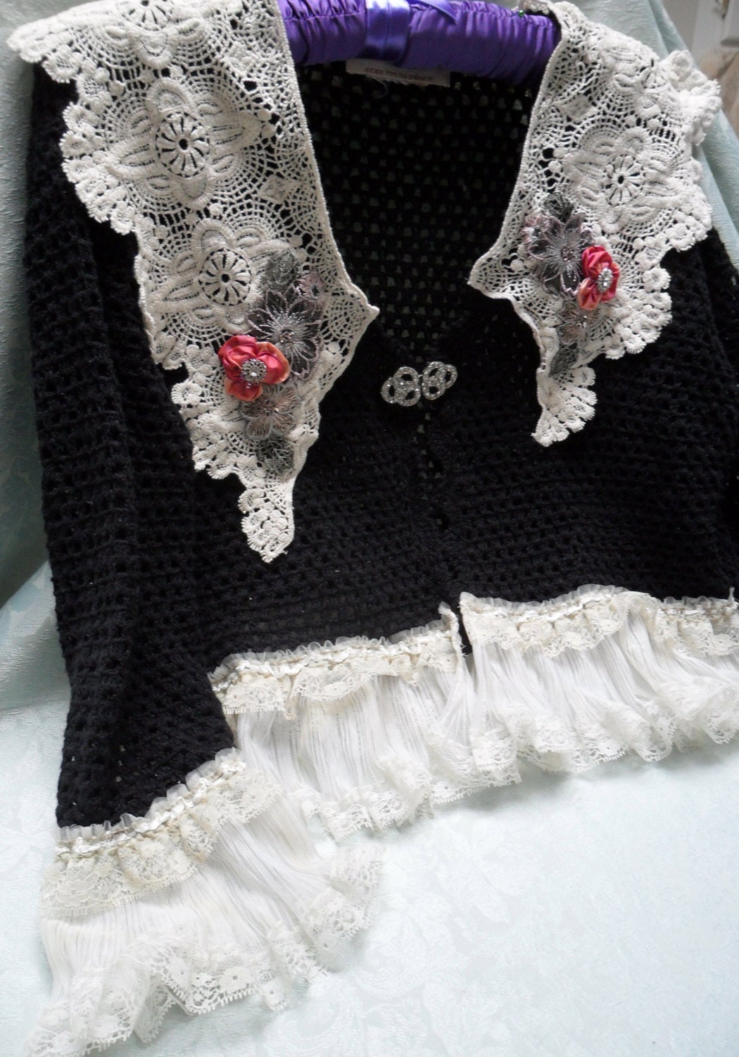 Sweater Cardigan Black Size L Ivory lace - Vintage Make Over Over - Black